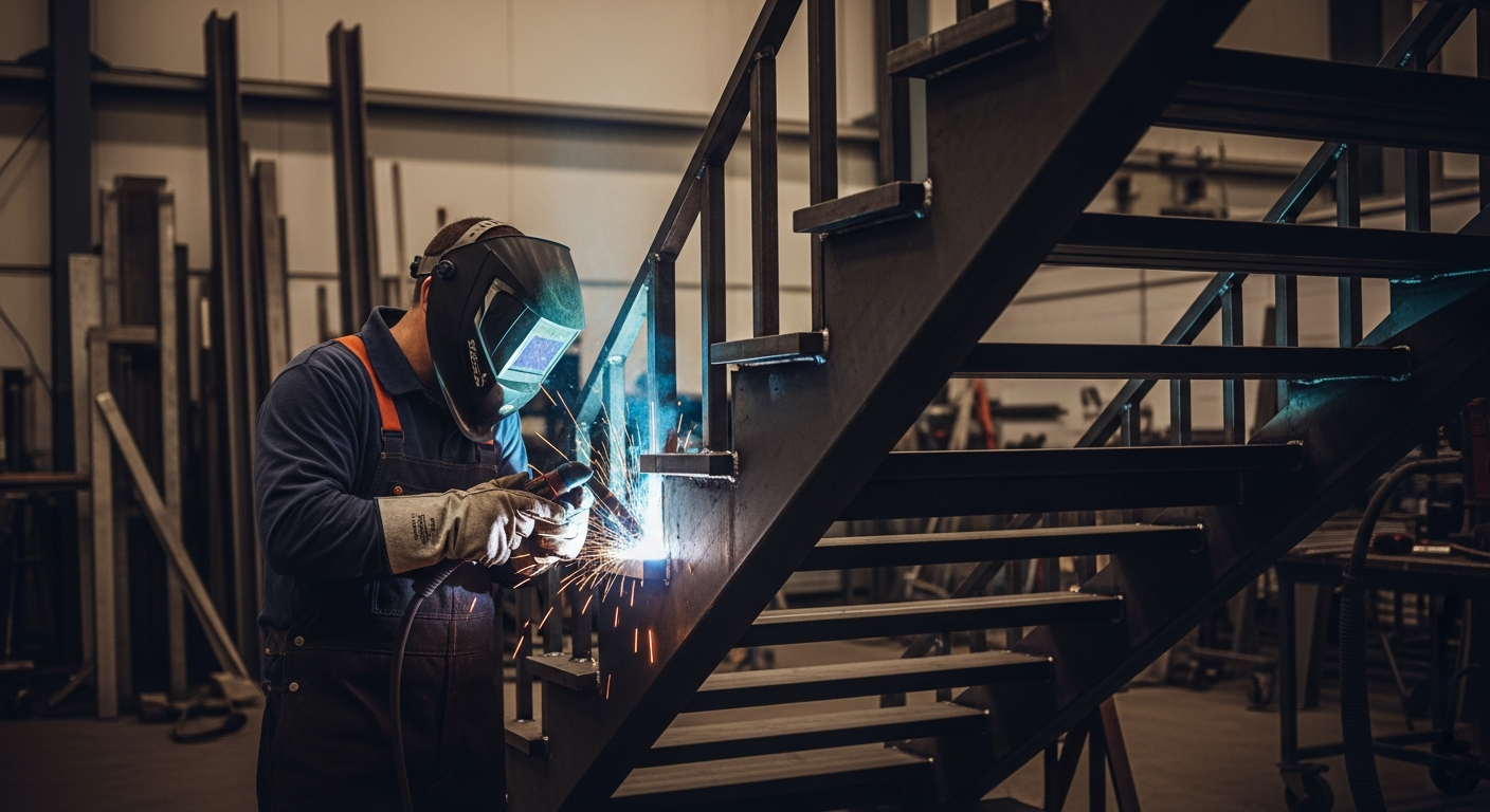 Metallbauer beim Schweißen einer Stahltreppe in der Werkstatt