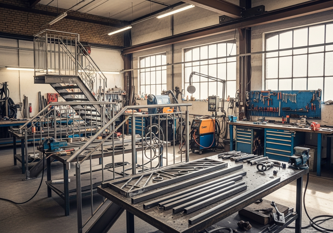 Metallbau Werkstatt mit Stahlkonstruktionen und Schweißausrüstung